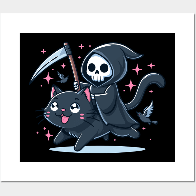 Grim Reaper Riding Black Cat Wall Art by Kawaii N Spice